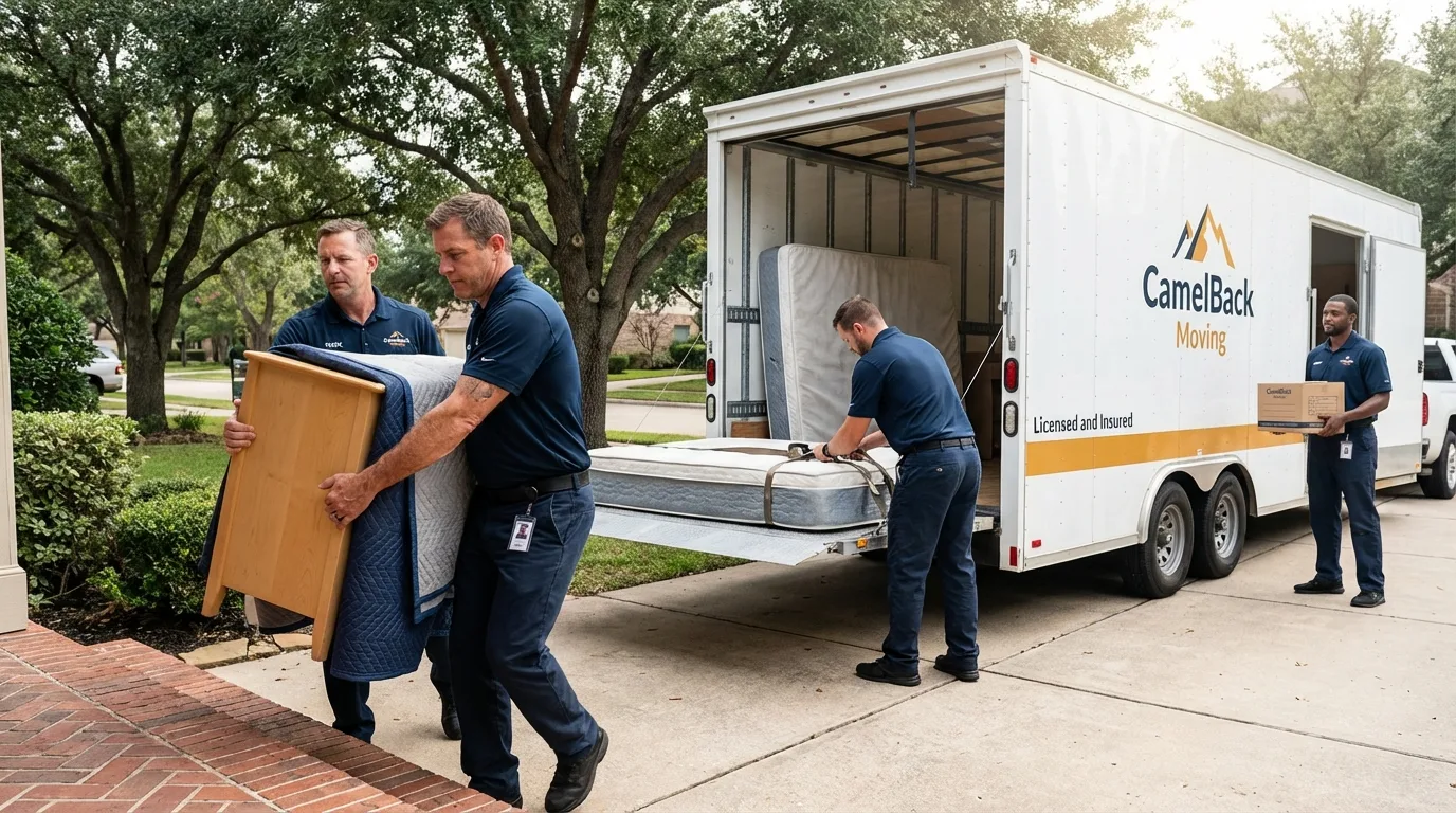 Crew loading residential truck for cross-state move from Center, ND