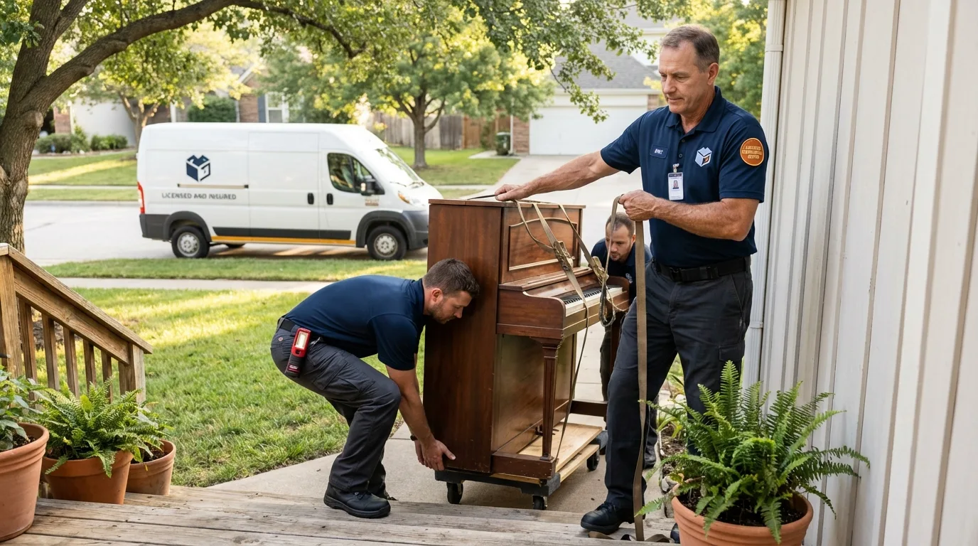 Licensed piano movers securing grand piano in Center, ND