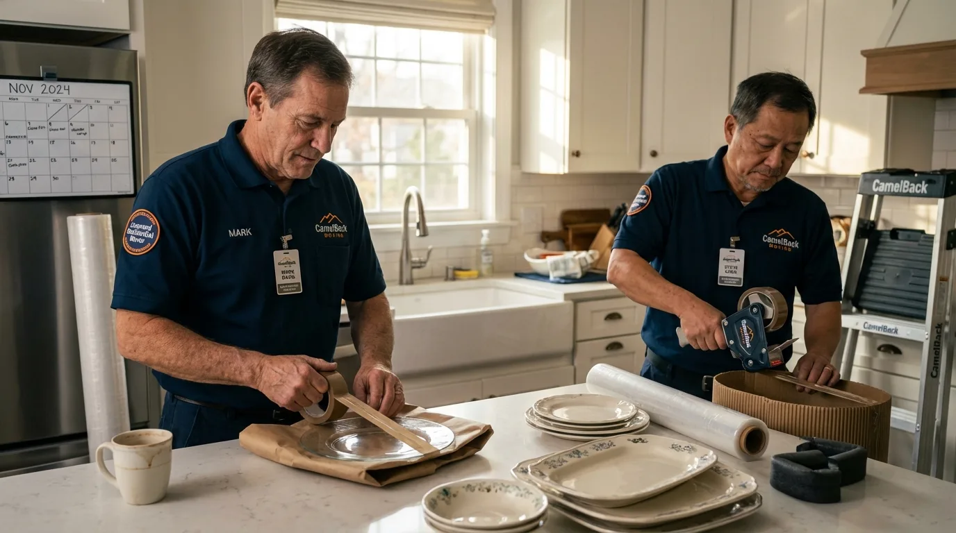 Professional crew packing kitchen dishware in Center, ND